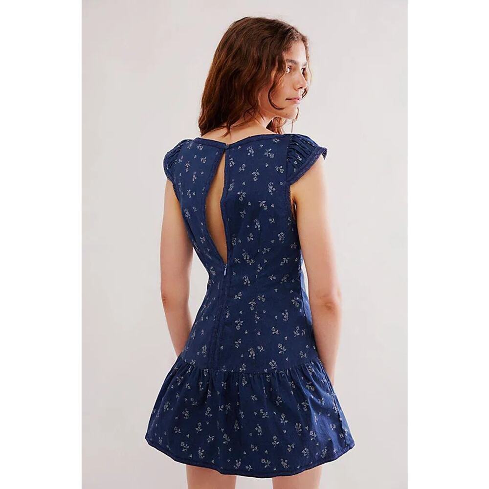 New FREE PEOPLE Beasley Floral Mini Dress $148 SMALL Navy - Picture 3 of 4